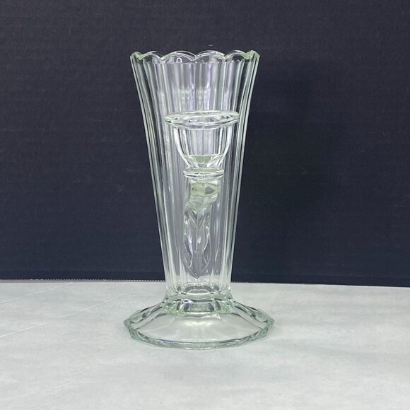 Vintage Jeannette Two Light Candle Holders Art Deco Vase Clear Glass - Picture 4 of 10